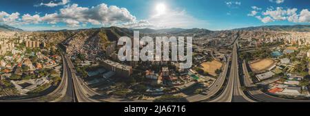 CARACAS, VENEZUELA - MAY 2022 - Aerial 360 view of the La Arana distributor, Panoramic View of Francisco Fajardo highway, Venezuela Stock Photo