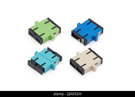 Sc multimode fiber optic adapter on isolated white background Stock Photo