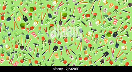 Agricultural rural garden tool. Seamless Green pattern. Shovels rakes and hoes. Flower pots with indoor plants. Packets of vegetable seeds. Fruit bran Stock Vector