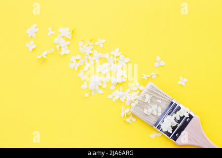 white hydrangea flowers and paint brush on a yellow background with copy space. Flat lay. Stock Photo