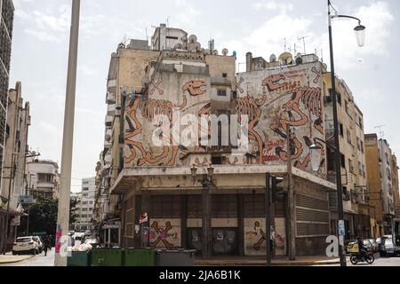 Art deco architecture buildings in Casablanca streets Morocco Street art mural Stock Photo