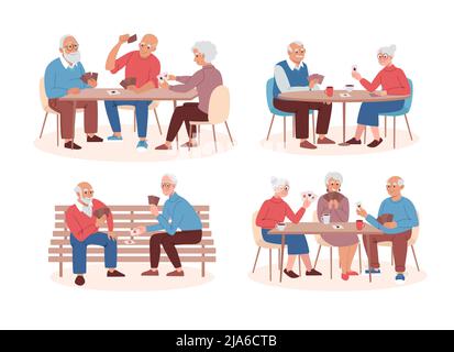 Retirement age people play card board games. Elderly people have fun together playing poker. Old men and elderly women, seniors are friends in a nursing home. Set of flat vector illustrations. Stock Vector