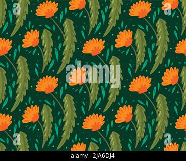 Seamless vector pattern with flat hand drawn dandelions with foliage on a dark green background. Natural texture with flowers. Botanical fabric swatch Stock Vector