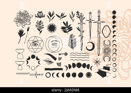 Hand drawn vector abstract stock flat graphic illustrations alchemy esoteric icons collection set with logo elements,magic sacred boho moon phases Stock Vector