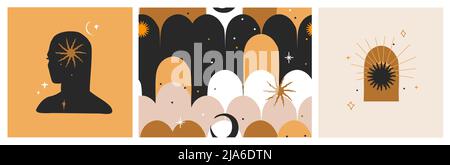 Hand drawn vector abstract flat stock graphic illustration seamless pattern collection set with magic astrology celestial golden moon phases,woman and Stock Vector