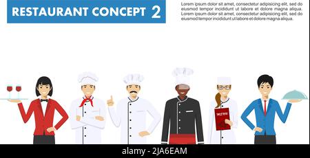 Detailed illustration of head chef, man and woman cooks, sommelier and waitress standing in different positions in flat style isolated on white backgr Stock Vector