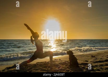 woman with dog doing yoga by the sea during sunset Stock Photo