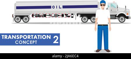 Detailed illustration of gasoline truck and driver on white background in flat style. Stock Vector