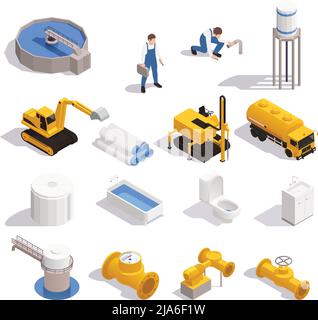 Water supply isometric set with purification reservoir pipeline digger excavator tower bathtub toilet sink plumber vector illustration Stock Vector