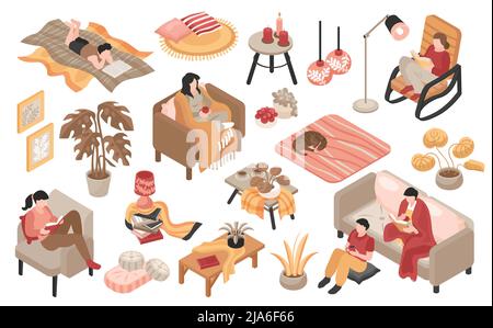 Isometric cozy home icon set rest on the couch with cup of drink or with book vector illustration Stock Vector