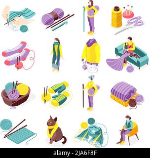 Knitting isometric icons set with sewing symbols isolated vector illustration Stock Vector