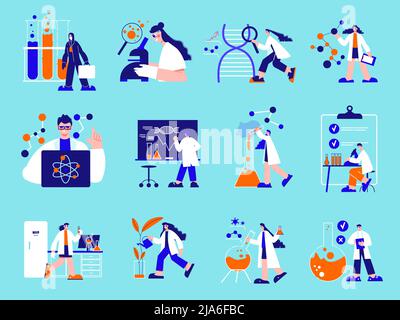 Science laboratory color set of people working in field of nanotechnology and genetic engineering isolated vector illustration Stock Vector