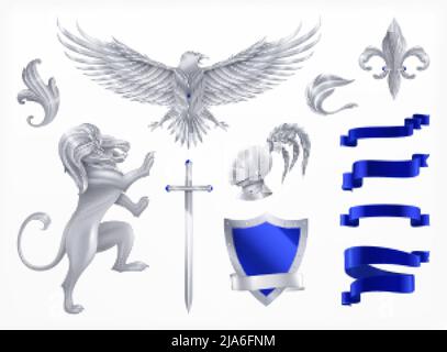 Heraldic animals decorative silver set realistic isolated vector illustration Stock Vector