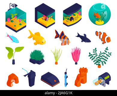 Aquariums shapes types tanks fishbowl isometric fish aquatic plants oxygen pumps filters accessories icons set vector illustration Stock Vector