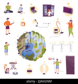 Flat isolated electricity icon set different things equipment and devices describing ecology and the earth reducing energy consumption vector illustra Stock Vector