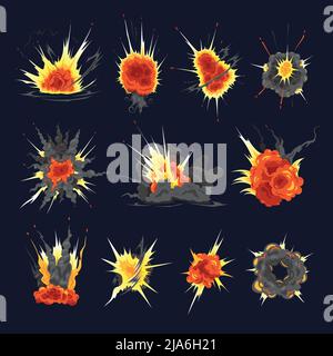 Spectacular atomic nuclear bomb explosions debris fire bang clouds shapes colorful set against black background vector illustration Stock Vector