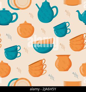 Ceramic kitchenware seamless pattern. Cute handmade ceramic plates, mugs, sugar bowl, teapots, dishes. Kitchen tools, pottery Stock Vector