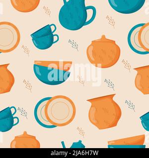 Ceramic kitchenware seamless pattern. Cute handmade ceramic plates, mugs, sugar bowl, teapots, dishes. Kitchen tools, pottery Stock Vector