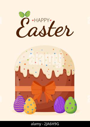 Easter cake with colorful eggs. Easter concept. Happy Easter banners, greeting cards, posters, holiday covers. Stock Vector
