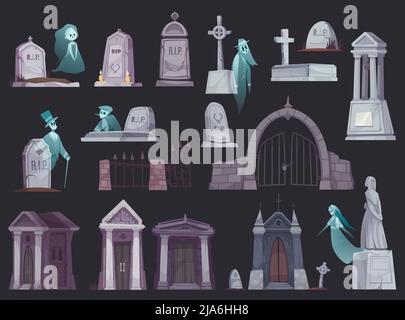 Cartoon icons set with old cemetery fence chapel tombstone crypt cross and ghost isolated on black background vector illustration Stock Vector