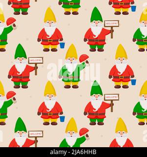 Cute little gnomes seamless pattern. Garden gnomes Stock Vector