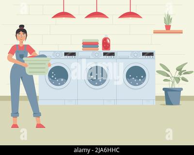 Happy woman doing laundry. Woman holding backet with clean clothes. Housework, laundry service. Washing clothes. Stock Vector