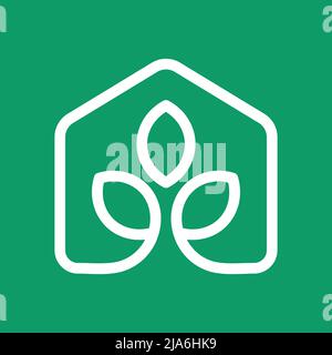 House leaf line icon on green background. Yoga studio lotus idea. Plant home symbol. Eco building sign. Logo template. Environmental construction. Stock Vector