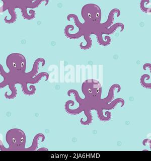 Cute octopus character seamless pattern. Underwater world. Flat vector illustration Stock Vector