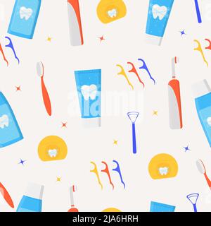 Mouth cleaning tools seamless pattern. Various toothbrushes, toothpaste, tongue brush, dental floss, mouthwash. Dental hygiene. Stock Vector