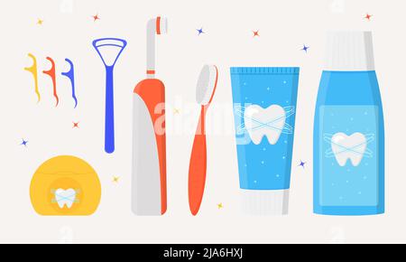 Set of mouth cleaning tools. Various toothbrushes, toothpaste, tongue brush, dental floss, mouthwash. Dental hygiene. Stock Vector