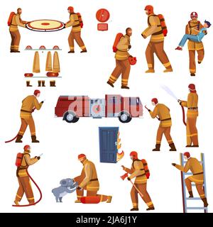Firefighters set with flat isolated icons of fire fighting equipment with truck image and human characters vector illustration Stock Vector