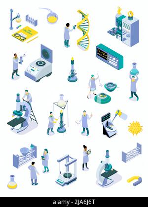 Isometric science laboratory color icon set with instruments from the science lab staff microscopes and devices for experiments vector illustration Stock Vector