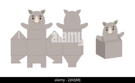 Simple packaging favor box rhino design for sweets, candies, small presents. Party package template for any purposes, birthday, baby shower. Print, cu Stock Vector
