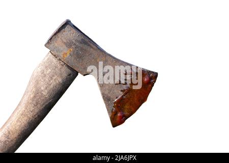 Old rusty axe with fake blood on the blade isolated on white background Stock Photo