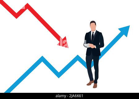 Businessman on financial trading. Uncertain man in the financial market. Graph up and down. Vector illustration flat design. Isolated on white backgro Stock Vector