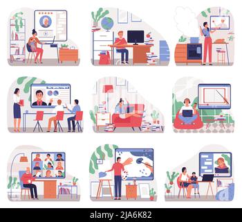 Online education compositions set with people of different age studying on computers flat isolated vector illustration Stock Vector