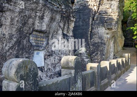 Walking in Bastei rocks, Germany Stock Photo