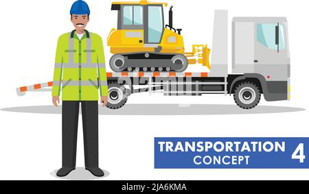 Detailed illustration of auto transporter, dozer and worker on white background in flat style. Stock Vector