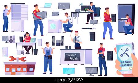Various situations in the repair service work set flat vector illustration Stock Vector