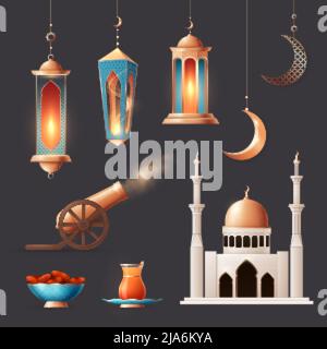 Ramadan realistic set of isolated icons with mosque building hanging lanterns moons food drinks and cannon vector illustration Stock Vector