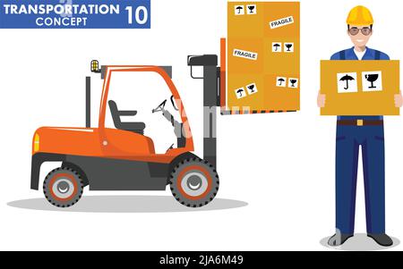 Detailed illustration of forklift and workman hold the box in flat style on white background. Stock Vector