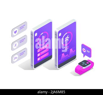Online fitness workout yoga at home isometric colored concept smartphone app for synchronizing and transferring data from smart watch vector illustrat Stock Vector