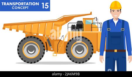 Detailed illustration of off-highway truck and miner, worker, builder, driver in flat style on white background. Heavy construction equipment and mach Stock Vector