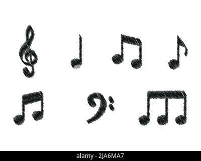 Music notes  black signs vector set. Isolated music note icons on white background. Music note symbols with treble clef. Vector illustration Stock Vector