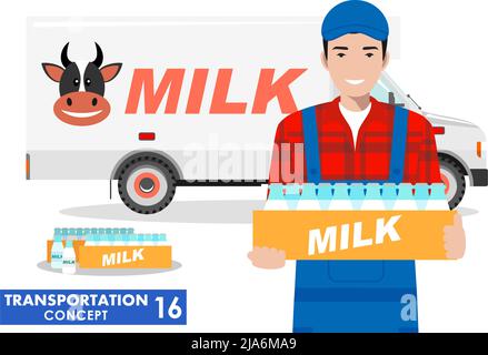 Detailed illustration of driver, farmer and milk truck on white background in flat style. Stock Vector
