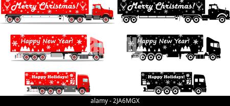 Detailed illustration of Christmas colored and black silhouettes delivery trucks on white background in flat style. Vector illustration. Stock Vector