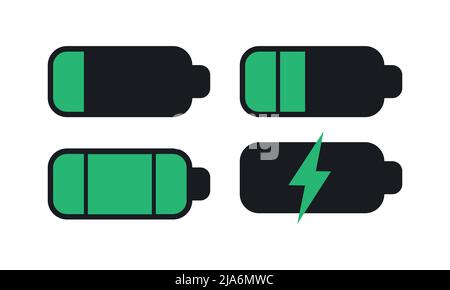 Isolated black smartphone battery level indicator icons on white background. Concept power, energy, low , full, emplty, load. Stock Vector