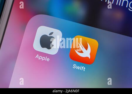 Kumamoto, JAPAN - Feb 15 2021 : Apple & Swift icons on iPhone. Swift is a general-purpose, multi-paradigm, compiled programming language by Apple Inc. Stock Photo