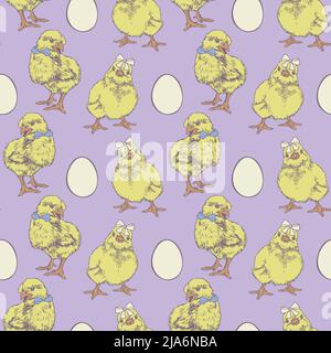 Vector seamless pattern with cute chicks with bow knots. Hand drawn design with chicks and eggs. Stock Vector