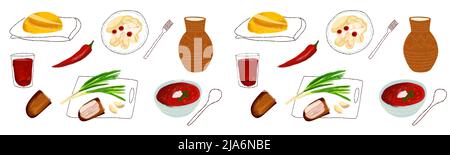 Seamless pattern with illustration of ukrainian food bread palyanytsya, borscht, rye bread with bacon, green onions and garlic, vareniki with cherries Stock Vector